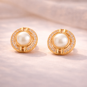 Golden Pearl Halo Stud Earrings
