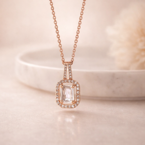 Rose Gold Emerald Cut Halo Pendant